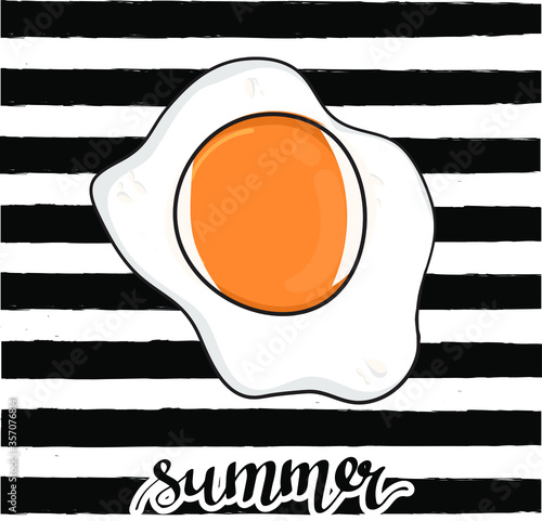 Beautiful omelette, illustration. Cartoon fried egg on white background. Summer healthy vegetarian food photo