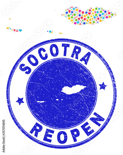 Celebrating Socotra Archipelago map mosaic and reopening textured seal. Vector mosaic Socotra Archipelago map is designed of random stars, hearts, balloons.