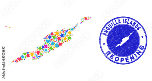 Celebrating Anguilla Islands map collage and reopening unclean seal. Vector collage Anguilla Islands map is organized with randomized stars, hearts, balloons.