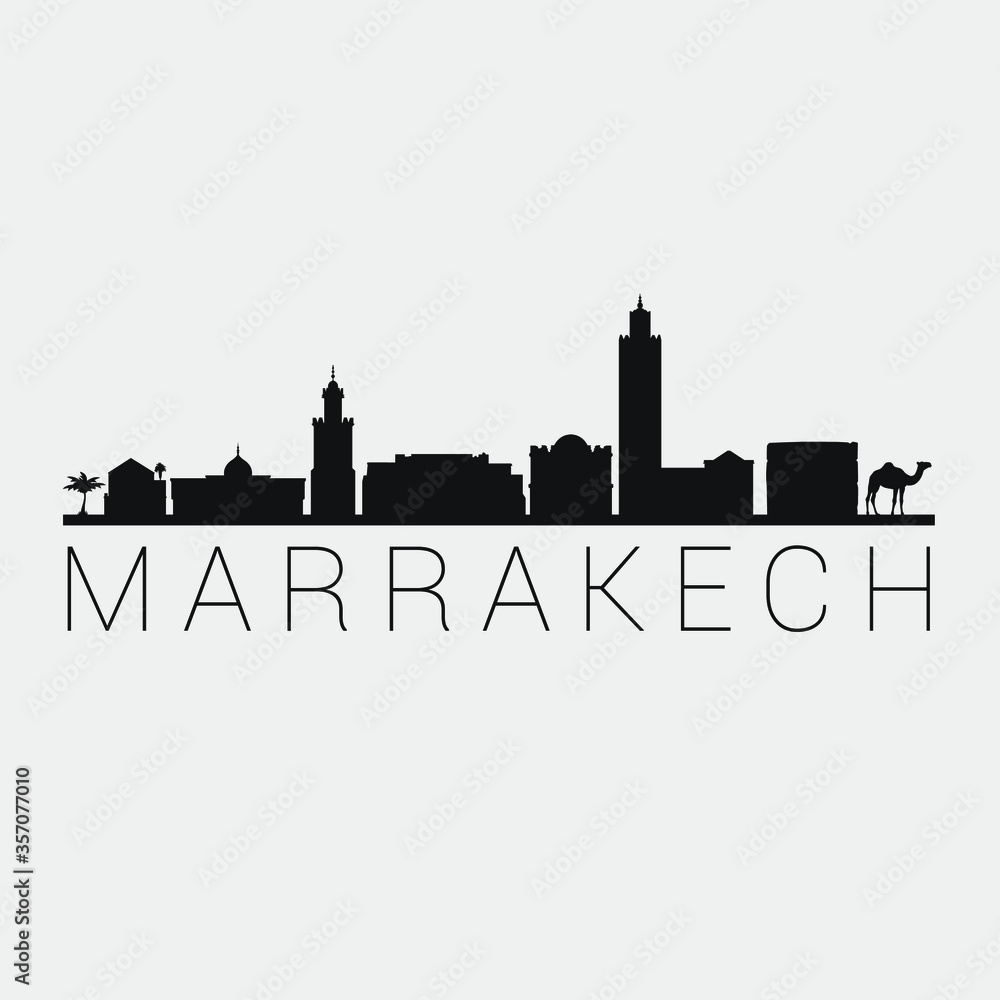 Marrakesh, Morocco. The Skyline in Silhouette of City. Black Design Vector. The Famous and Tourist Monuments. The Buildings Tour in Landmark.