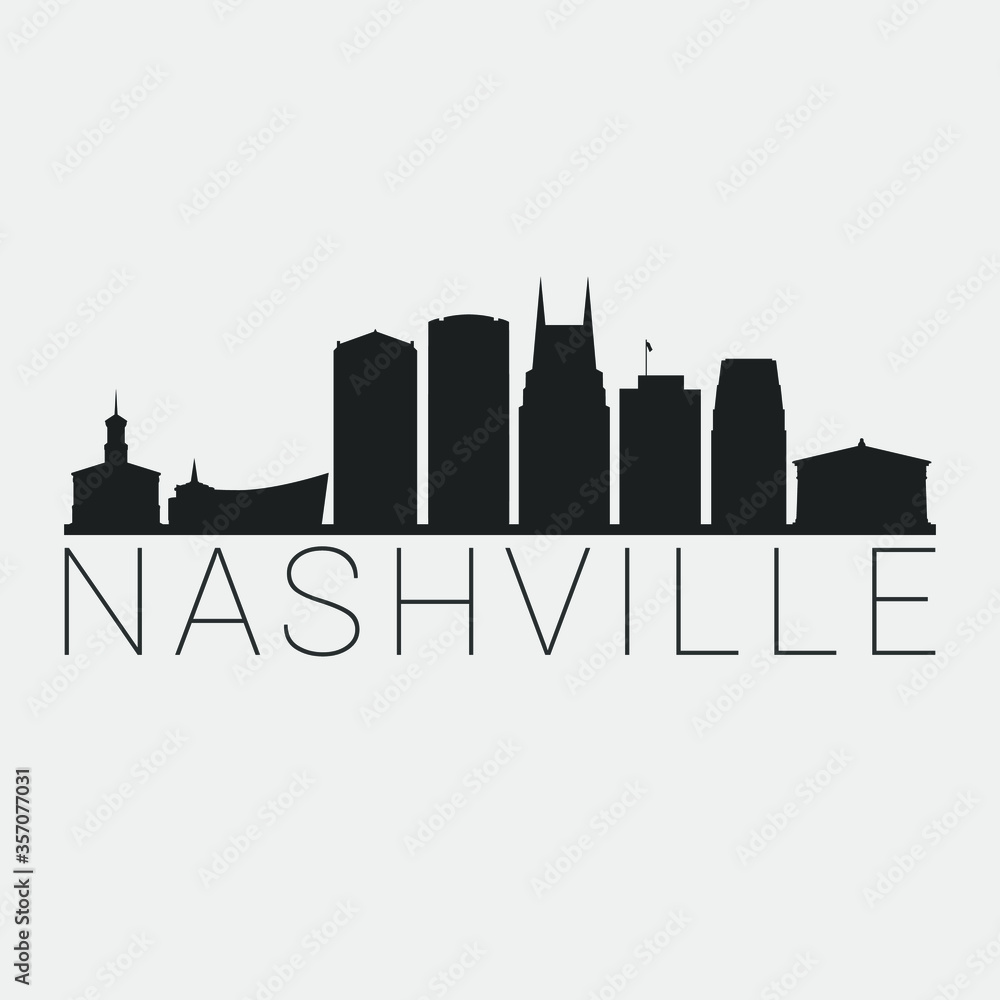 Nashville Tennessee. Skyline Silhouette City. Design Vector. Famous Monuments Tourism Travel. Buildings Tour Landmark.