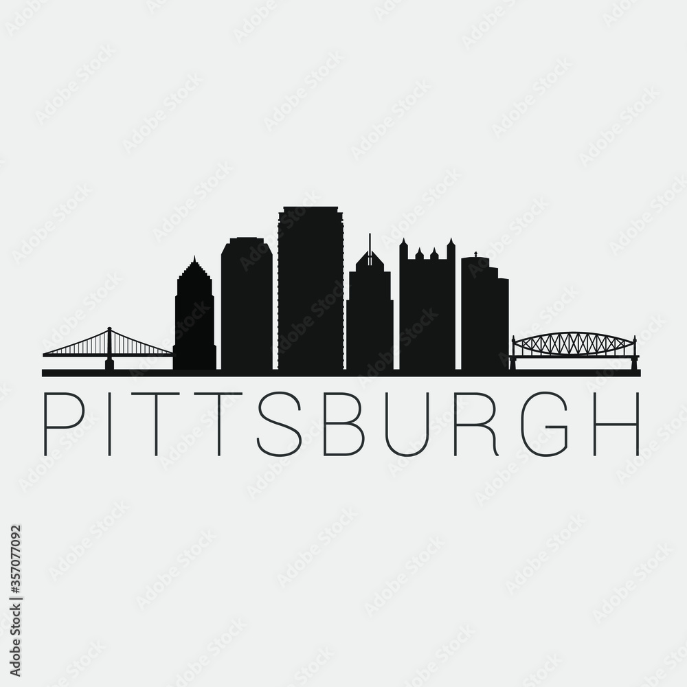 Pittsburgh Pennsylvania. The Skyline in Silhouette of City. Black Design Vector. The Famous and Tourist Monuments. The Buildings Tour in Landmark.