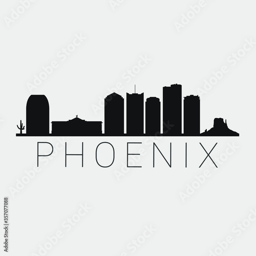 Phoenix Arizona City. The Skyline in Silhouette of City. Black Design Vector. The Famous and Tourist Monuments. The Buildings Tour in Landmark.