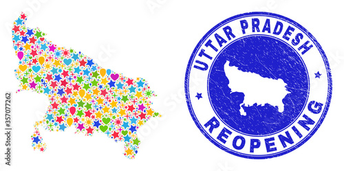 Celebrating Uttar Pradesh State map mosaic and reopening rubber stamp. Vector mosaic Uttar Pradesh State map is formed with scattered stars, hearts, balloons.