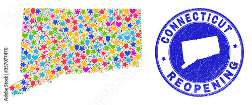 Celebrating Connecticut State map mosaic and reopening grunge stamp. Vector collage Connecticut State map is done with scattered stars, hearts, balloons.