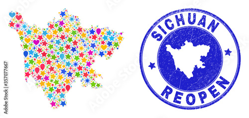 Celebrating Sichuan Province map mosaic and reopening dirty seal. Vector mosaic Sichuan Province map is constructed with random stars, hearts, balloons.
