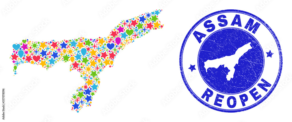 Celebrating Assam State map collage and reopening textured watermark. Vector collage Assam State map is organized with random stars, hearts, balloons.