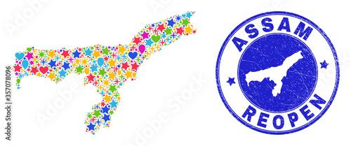 Celebrating Assam State map collage and reopening textured watermark. Vector collage Assam State map is organized with random stars, hearts, balloons.