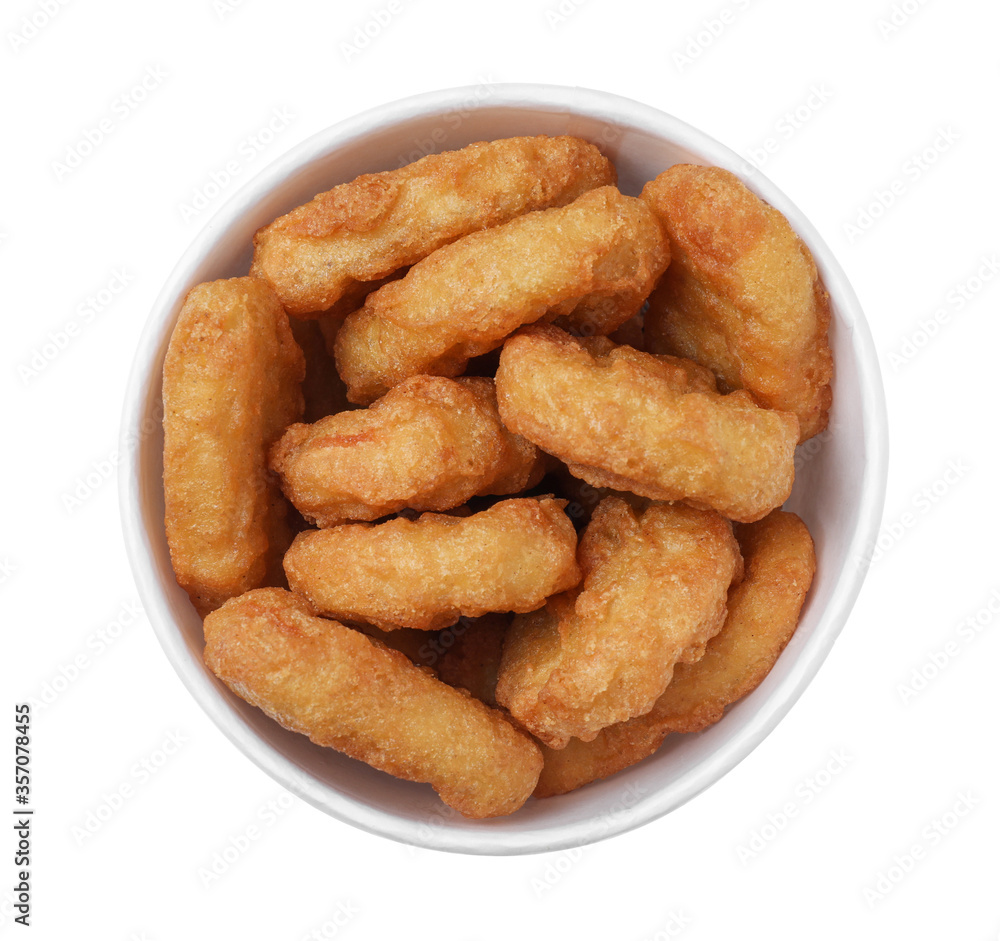 Bucket with tasty chicken nuggets isolated on white, top view Bucket with tasty chicken nuggets isolated on white, top view