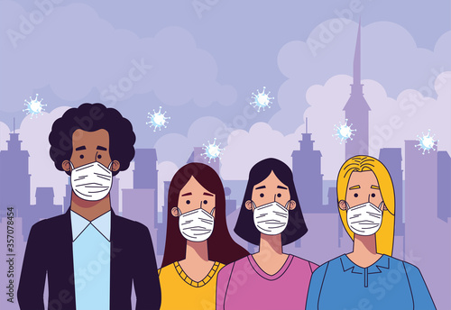 young interracial people wearing medical masks characters
