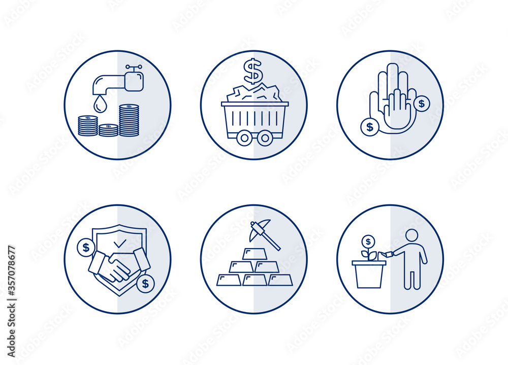 Finance icons. Financial services icons set. Icons of resource financing, trust services. A silhouette of a man watered a plant in a pot, instead of a bud, a dollar coin, a drop falls from the tap