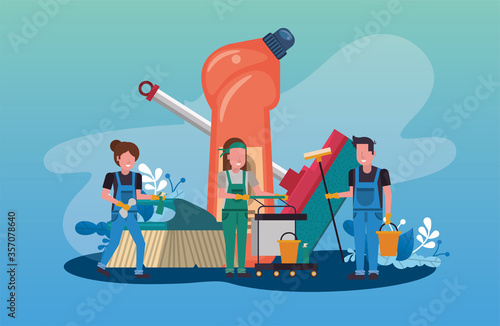 people working with housekeeping tools disinfect your house