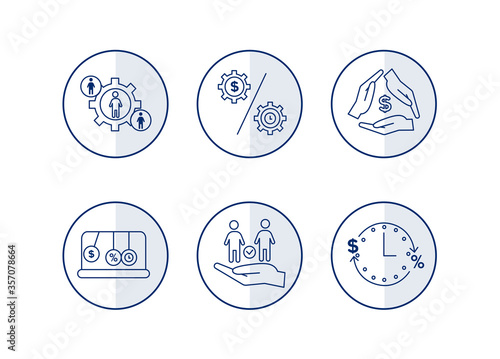 Finance icons. Financial services icons set. Icons lending, financial intermediaries. Gear sign, inside silhouette, on the sides silhouettes in circles
