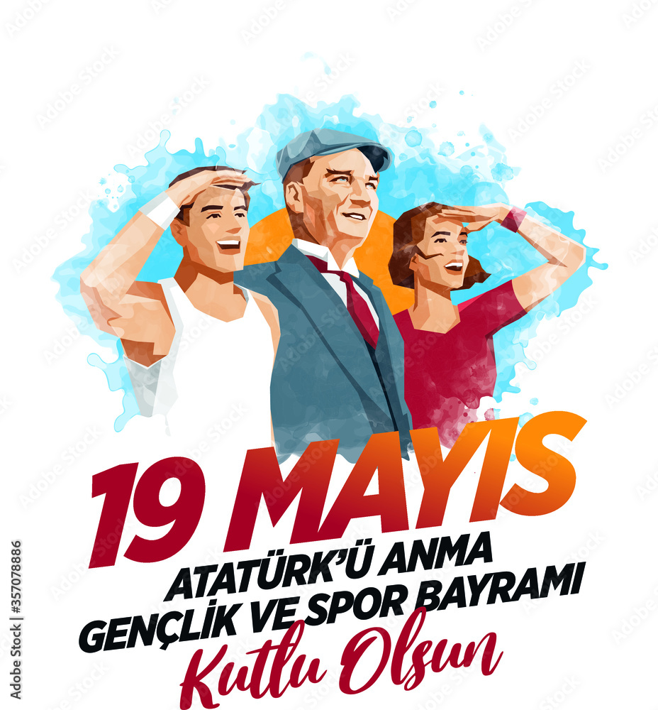 19 mayis Ataturk'u Anma, Genclik ve Spor Bayrami greeting card design. 19 May Commemoration of Ataturk, Youth and Sports Day. Vector illustration. Turkish national holiday. - obrazy, fototapety, plakaty 