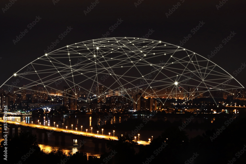 Obraz premium Night cityscape and network connection lines. Cloud technology