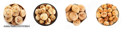 Set of dried sweet figs on white background, top view. Banner design