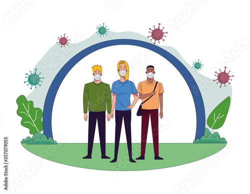 young interracial people wearing medical masks characters