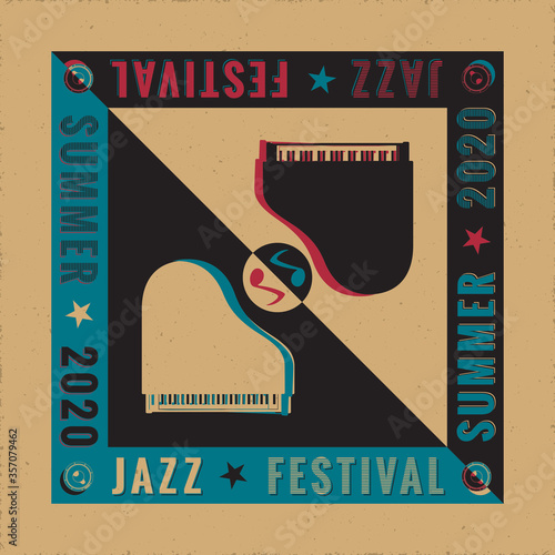 Jazz Festival Summer 2020 Avant Garde Poster Creative Concept with Two Grand Pianos Yin Yang Style Composition and Logo Lettering - Black and White on Reverse Background - Graphic Silhouette Design