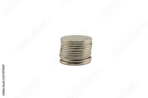 Stack of metal Russian ruble coins isolated on a white background