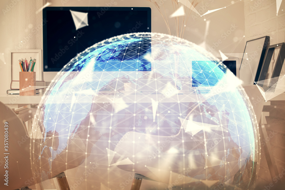 Double exposure of business theme drawing and office interior background. Concept of success Double exposure of business theme drawing and office interior background. Concept of success