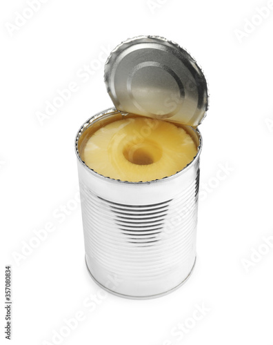 Open tin with canned pineapple isolated on white