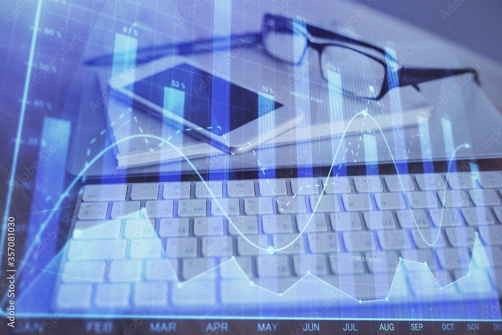 Double exposure of forex chart drawing and cell phone background. Concept of financial trading Double exposure of forex chart drawing and cell phone background. Concept of financial trading