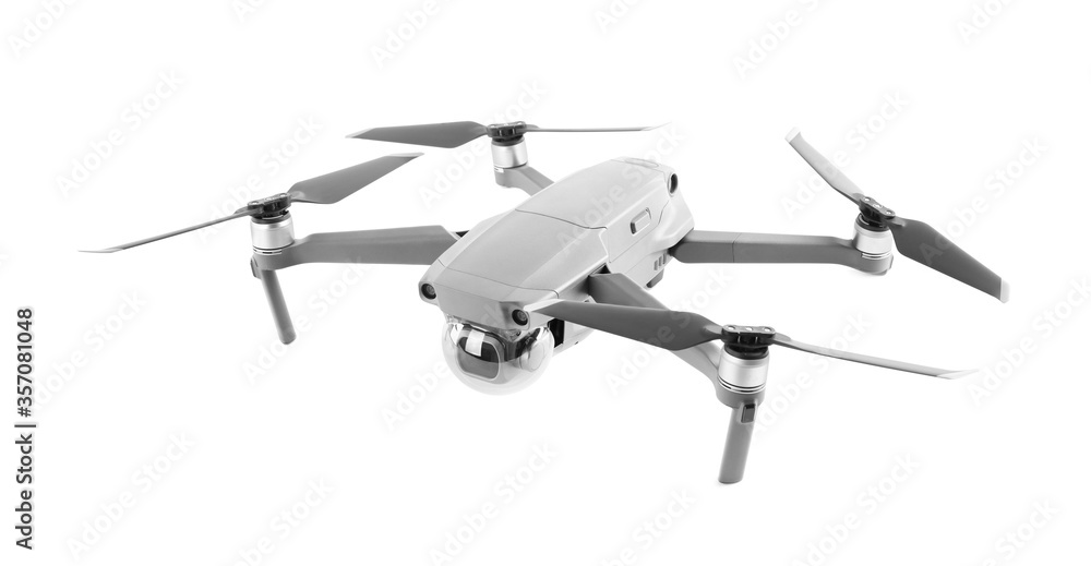 Modern drone with camera isolated on white Modern drone with camera isolated on white