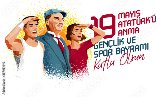 19 mayis Ataturk'u Anma, Genclik ve Spor Bayrami greeting card design. 19 May Commemoration of Ataturk, Youth and Sports Day. Vector illustration. Turkish national holiday.