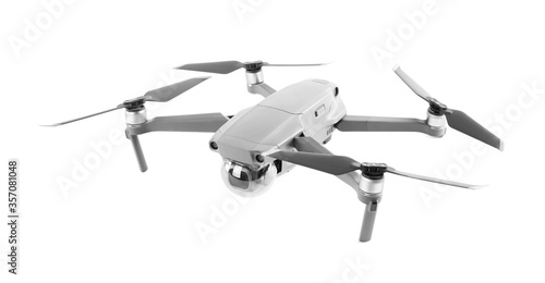 Modern drone with camera isolated on white photo