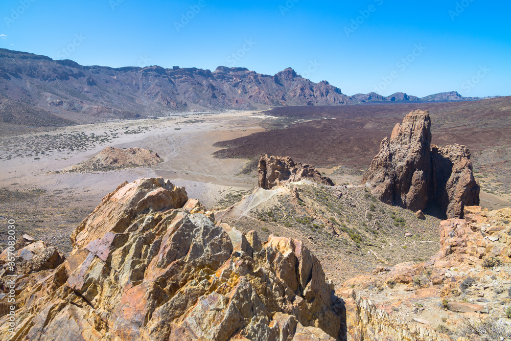 view of the largest volcano crater at Mount Teide from Los Roques de Garcia viewpoint - Santa Cruz de Tenerife, Canary Islands, Spain