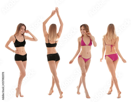 Collage with photos of young woman in bikini on white background. Beauty and body care