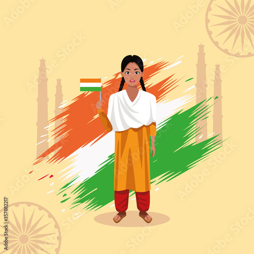 india happy independence day celebration card with woman and flag