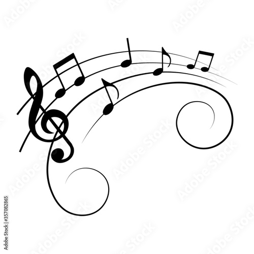 Music notes on staves with swirls, vector illustration.