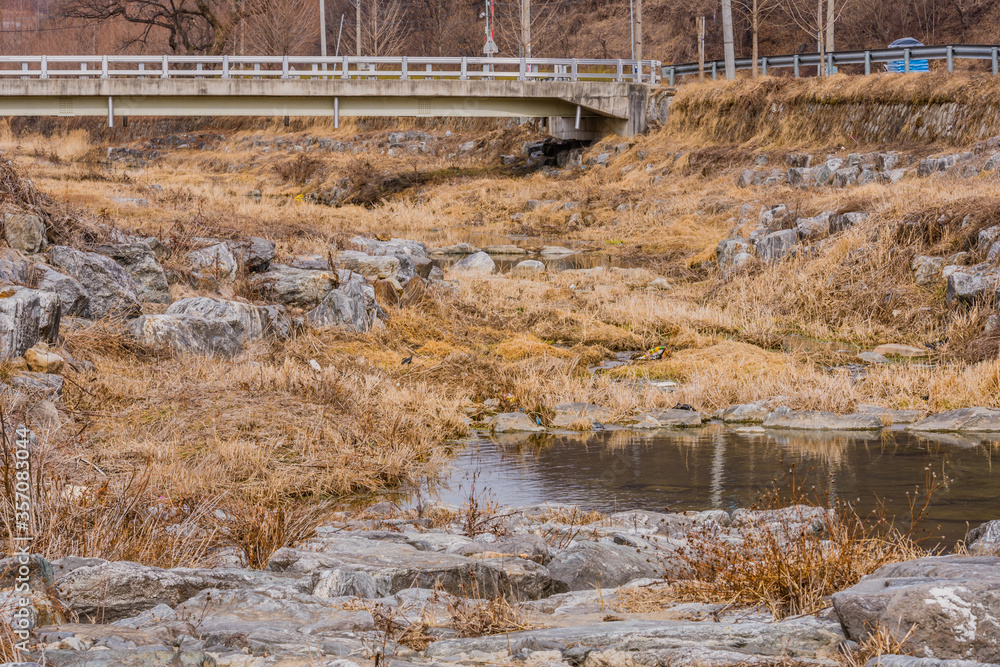 Winter rural landscape of small stream Winter rural landscape of small stream