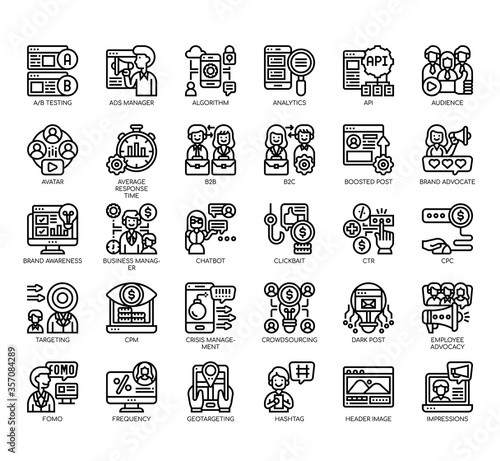 Set of social media strategy thin line and pixel perfect icons for any web and app project.