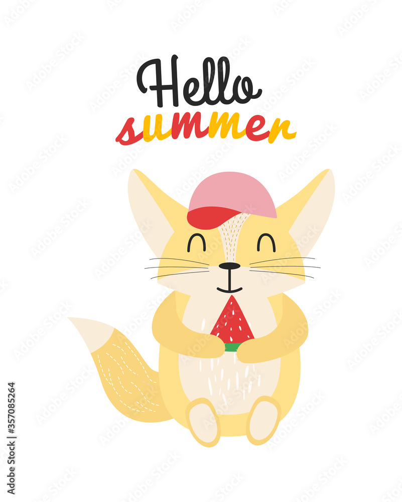 Obraz Illustration of an animal Fenech in a cap with a watermelon in its paws and the inscription hello summer. Print Fenech in a cap, holds a watermelon in his paws, the text hello summer