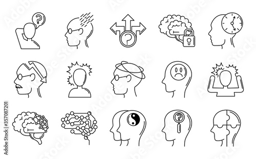 alzheimer disease, decrease in mental human ability icons set line style