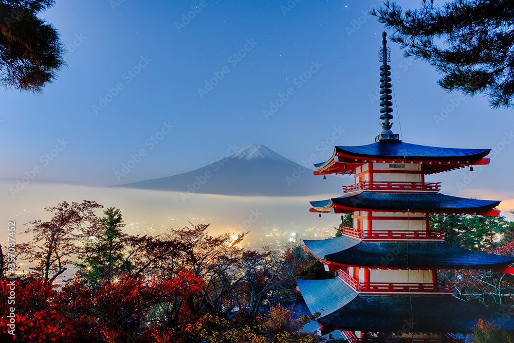 Asian Travel Destinations. Fuji With Chureito Pagoda During Fall Season in Fujiyoshida, Japan.