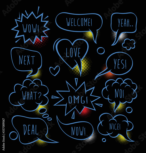 A set of comic speech bubbles and elements with halftone shadows