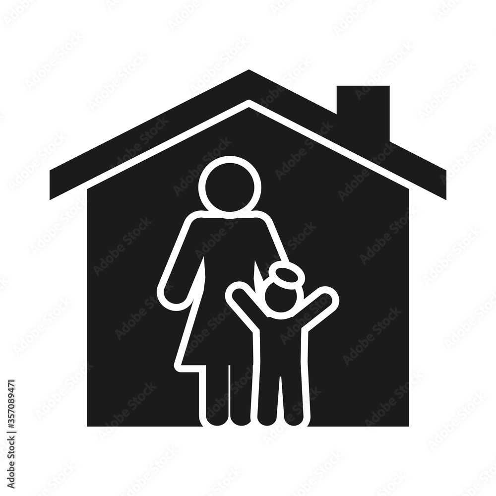 house with pictogram woman and boy, silhouette style house with pictogram woman and boy, silhouette style