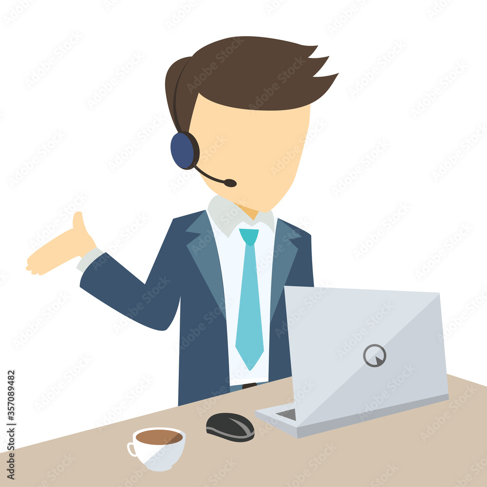 Call center agent with open hand palm, laptop, desk. Flat vector illustration. Call center agent with open hand palm, laptop, desk. Flat vector illustration.