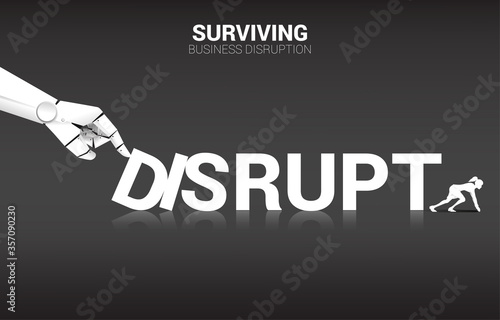 Businesswoman ready to run away from domino effect by Robot hand. business concept of disruption of A.I. to make career crisis..