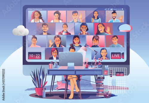Video conference landing. People on computer screen taking with colleagues. Videoconferencing and online meeting workspace vector page man and woman. self-quarantine to prevent from COVID -19 vector 