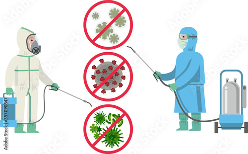 Disinfector in protective suit, mask with disinfection equipment sprays a disinfectant. Treatment, disinfection, prevention of infectious diseases, coronavirus. Flat infographics. Vector illustration