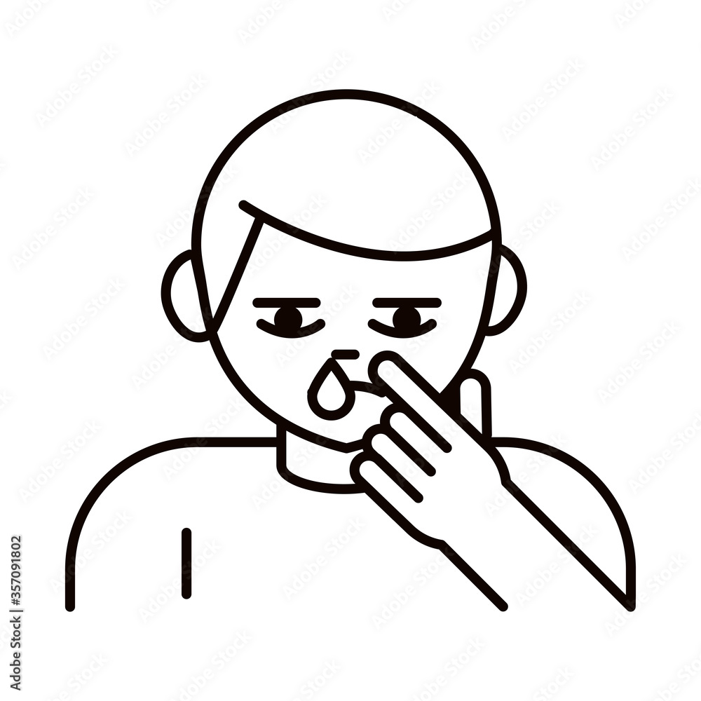 covid 19 coronavirus prevention, sick boy sneezing and coughing, spread outbreak pandemic line style icon