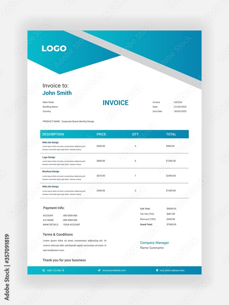 Creative style business invoice design for accountants vector template
