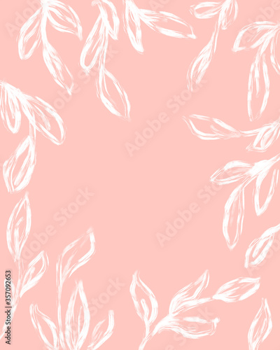 Pink background with illustrated painterly botanical white leaf border © IlzeLuceroPhoto