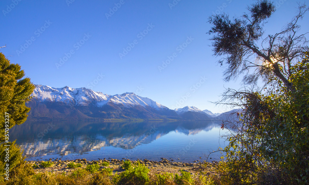 A famous view of Lake Wakatipu on the drive down to Glenorchy, Central Otago New Zealand A famous view of Lake Wakatipu on the drive down to Glenorchy, Central Otago New Zealand