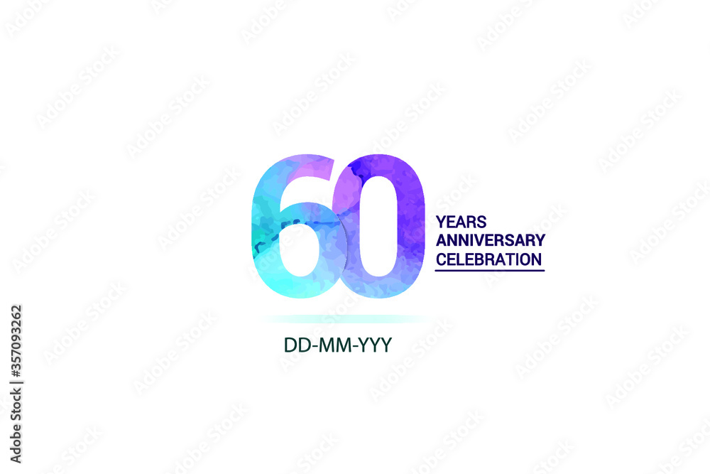 60 years anniversary celebration logotype. anniversary logo with watercolor purple and blue  isolated on white background, vector design for celebration, invitation card, and greeting card-vector