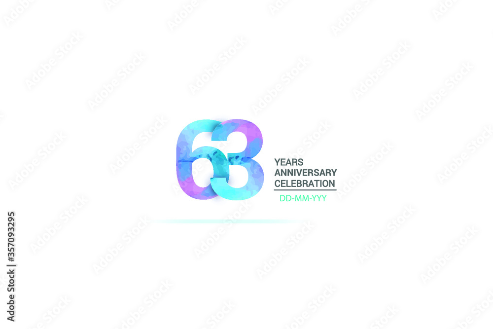 63 years anniversary celebration logotype. anniversary logo with watercolor purple and blue  isolated on white background, vector design for celebration, invitation card, and greeting card-vector